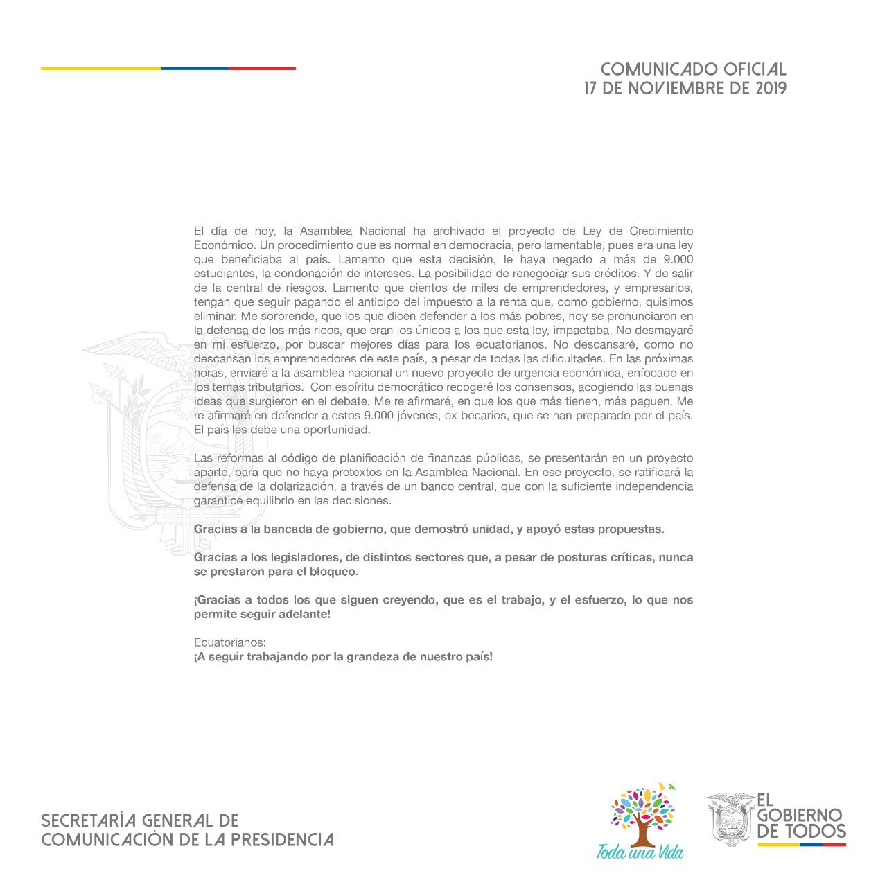 Comunicado Oficial de la Presidencia de la República, 17 de Noviembre de 2019